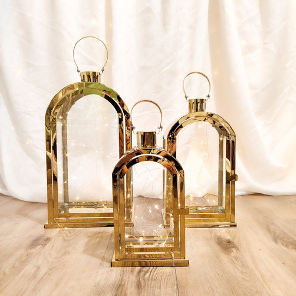 Faroles Metalizados Decorativos Dorados X 3 Und. Porta Velas 1