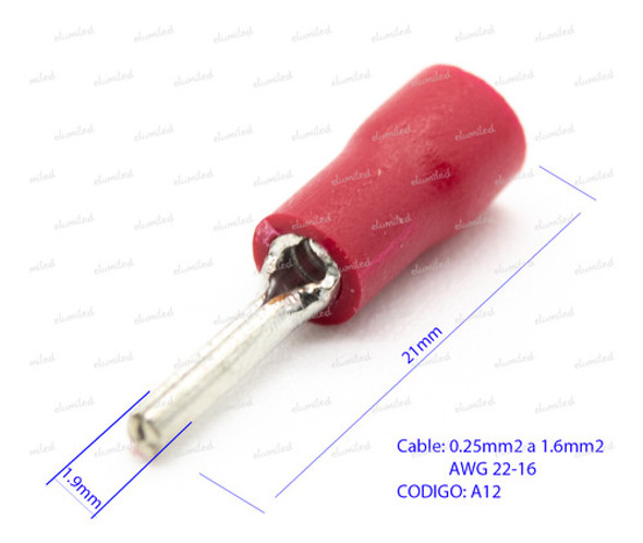20 Terminales Preaislados Pin Rojo A12 0.25-1.6mm2 L:10mm 1