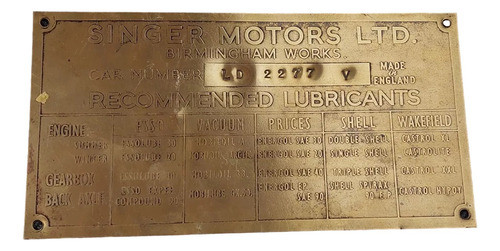 Chapa Placa De Identificación - Singer Motors Ltd - 828 0