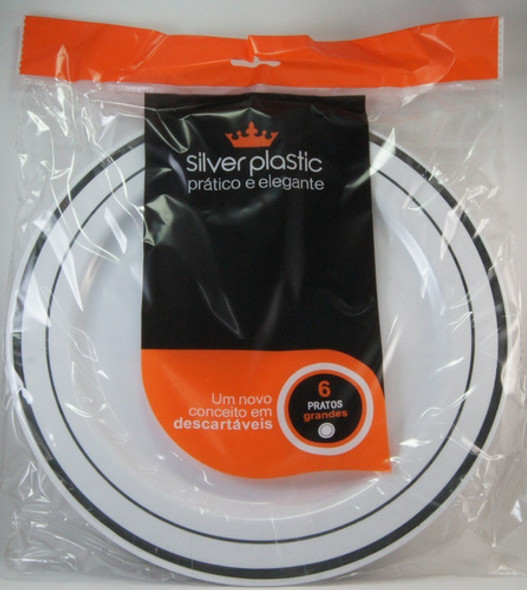 Prato Refeição Borda Prata C/ 6 Un. Cm - Silver Plastic 1