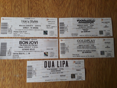 Lote X 5 Entradas Bon Jovi Dua Lipa Foo Fight Coldplay Harry 0