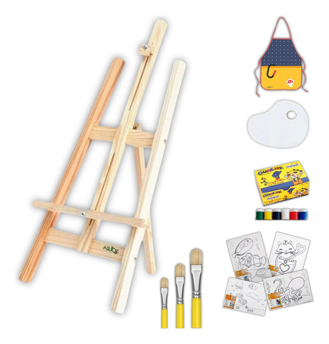 Kit Pintura Cavalete 4 Telas 3 Pincéis Tintas Paleta Avental 0