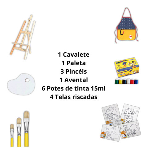 Kit Pintura Cavalete 4 Telas 3 Pincéis Tintas Paleta Avental 1