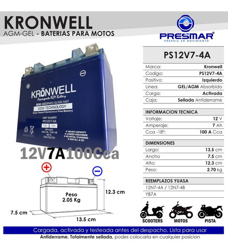 Bateria Kronwell Gel Piaggio Cosa Pk50 Pk80 Pk125 Yb7-a 1