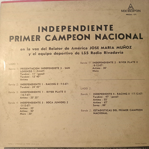 Independiente. Primer Campeón Nacional. Año 1967. 1