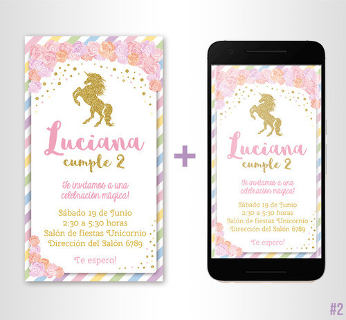 Invitación Digital Cumpleaños Unicornio 2 Formatos 1