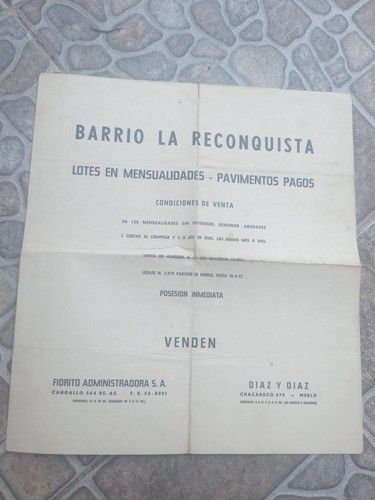 Antiguo Folleto Barrio La Reconquista Merlo Bs.as. 1957 0