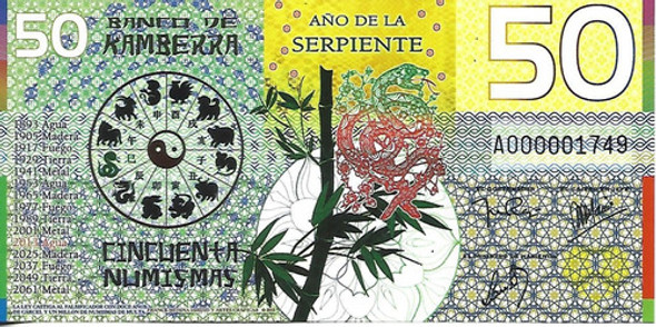 Kamberra Billete 50 Numismas Año De La Serpiente Unc Palermo 1