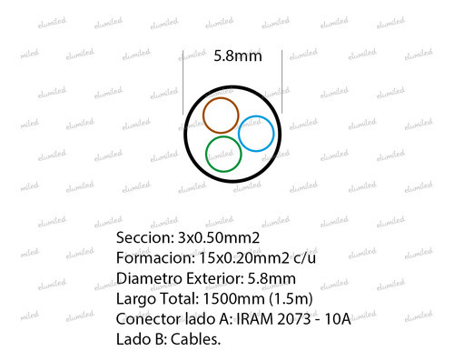 3 Cables Monoblock 3 X 0.50mm 1,5m Iram 2073 Negro 1