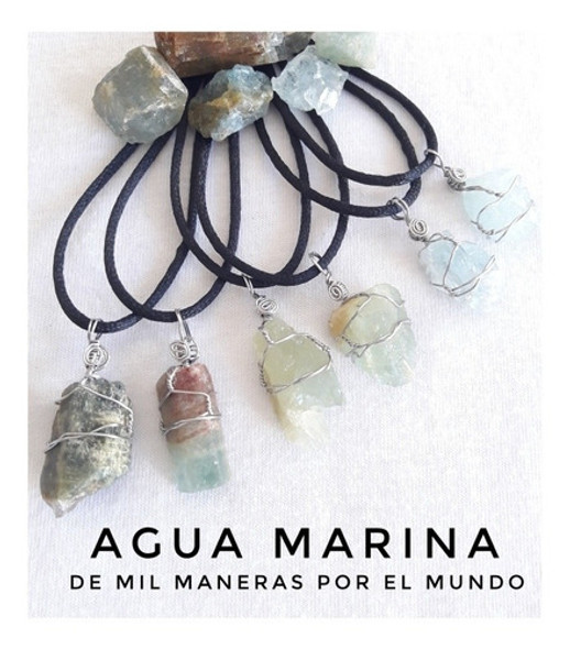 Collar Piedra Agua Marina  Natural. Acero, Regulable. Paz 1