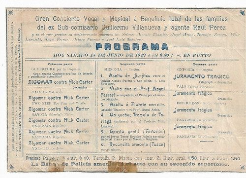 Programa Original Colón De Flores Concierto 1912 ~ Antiguo 1