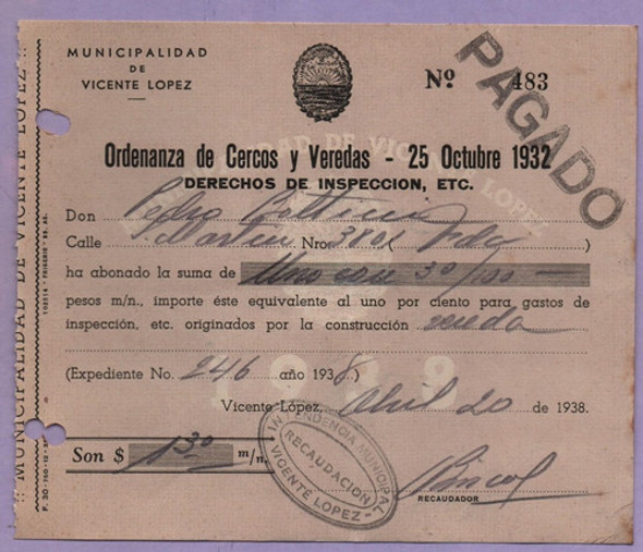 Antiguo Recibo Ordenanza De Cercos Y Veredas Vicente López 0