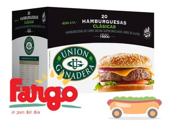 20 Hamburguesas Unión Ganadera 83grs + Fargo + Aderezo 1