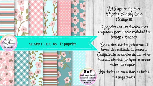 Papeles Digitales Shabby Chic Rosa Verde Aguamarino B8 1