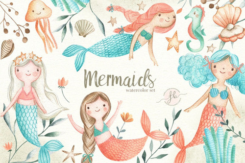 Kit Imagenes Png Cliparts Sirenas Mar Animales Acuarela Fb51 0