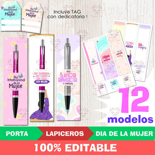 Kit Imprimible Dia De La Mujer Portalapiceras + Tag Editable 1