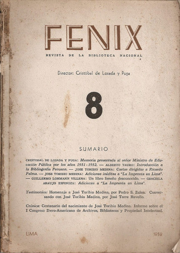 Revista Fenix Nº 8 Lima Peru - Toribio Medina 0