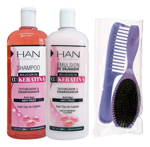 Han Shampoo + Enjuague Keratina Fortalecedor + Kit Peines 0