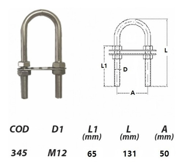 Gancho U-bolt Amarra De Proa Aço Inox 1/2 Pol. Lancha Barco 1