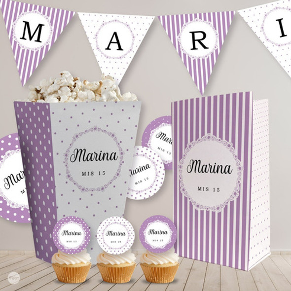 Kit Imprimible Wedding 15 Años Rayas Lunares Violeta Negro 1