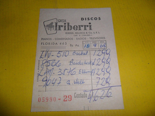 Casa Iriberri Bellocq Discos Boleta 1968 0