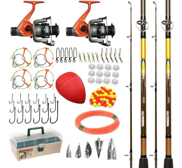 Kit Pesca Completo 2 Reel + 2 Caña 2 Tramos + Caja Completa Lineas Plomadas Rotores Tanza Mosquetones Perlas 0