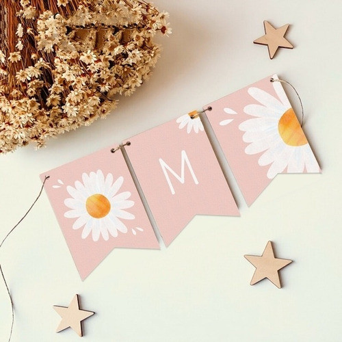 Banderín Personalizado Para Cumpleaños Flores Margaritas 0