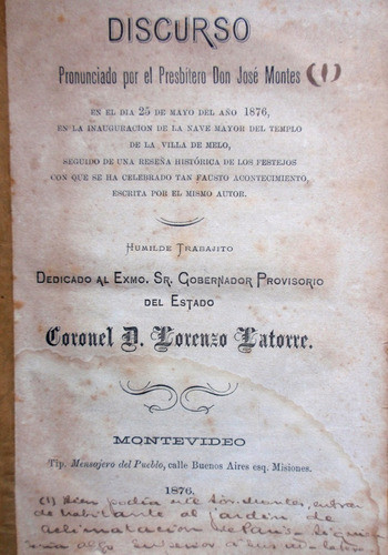 Folleto Inauguracion Nave Templo Villa Melo 1876 Cerro Largo 0