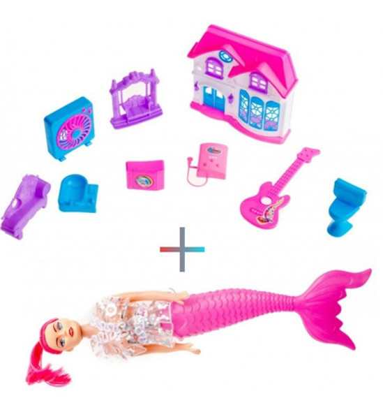 Combo Set De Casita Grande Con Accesorios + Muñeca Sirena 0