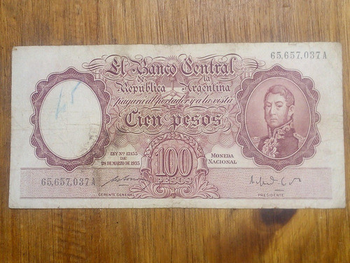 Billete Argentina 100$ Ley 12155 Col 490d. Lote 13d 0