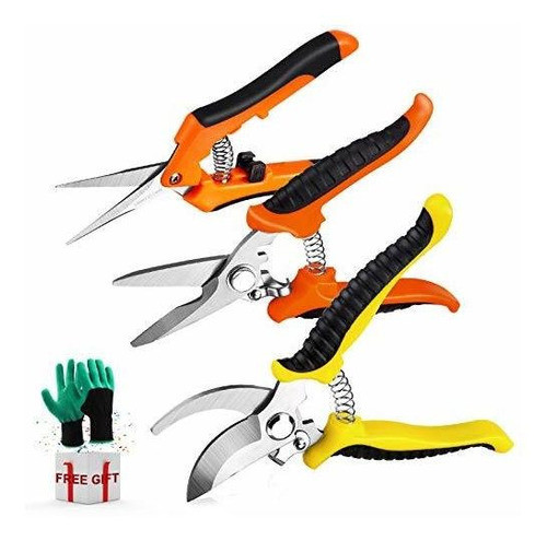 Tijeras De Podar Acero Inox.  Set X 3  + Guantes 0
