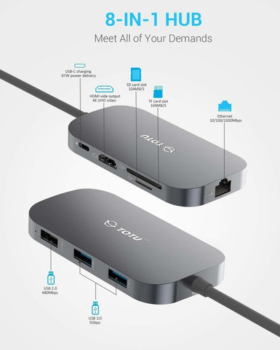 Tubo Usb C, Hub Tipo C 8 En 1 Con Puerto Ethernet, 4 K Us 1