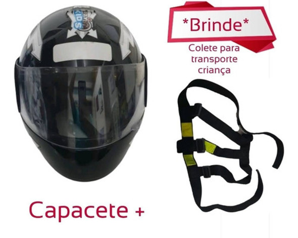 Capacete Infantil 54 Preto + Brinde Colete De Transporte 0