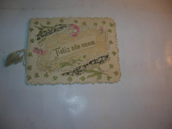 Antigua Postal Tarjeta Feliz Año Nuevo Tela Brillantina 0