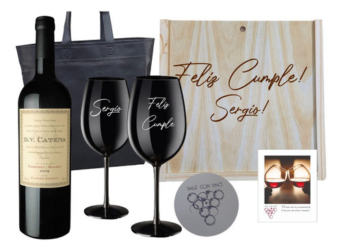 Caja Madera Vino Dv Catena Cab-mal + 2 Copas Negras Grabado 0
