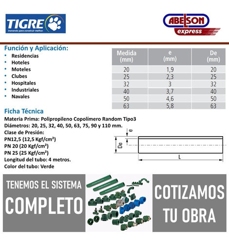 Tigre Caño Fusion Pn 12 40 Mm Agua Fria (1 1/4)  Verde C 1