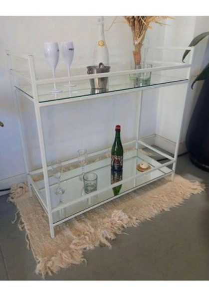 Mini Bar Industrial Hierro Blanco 2 Estantes De Espejo F012 0