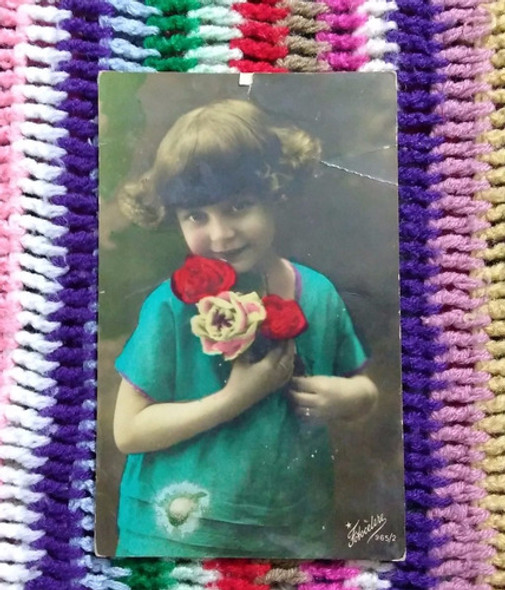 Antigua Postal Foto Pintada Niña Años 20 Flores Italia 0