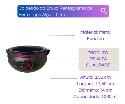 Caldeirão Da Bruxa Pentagrama De Ferro Tripé Alça 1 Litro 1