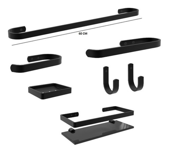 Kit Acessório P/ Banheiro 7 Peças C/ Banho De 60 Cm Preto 1 Kit Acessório P/ Banheiro 7 Peças C/ Banho De 60 Cm Preto 1