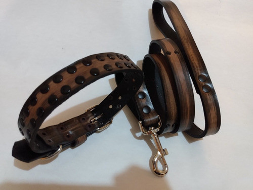 Conjunto Collar Y Correa 100% Cuero Marrón Con Negro 0