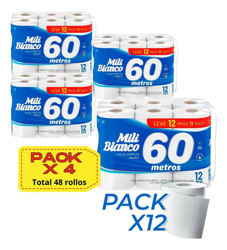 Pack Papel Higienico Mili 12 Rollos De 60 Mts Pack X4 1
