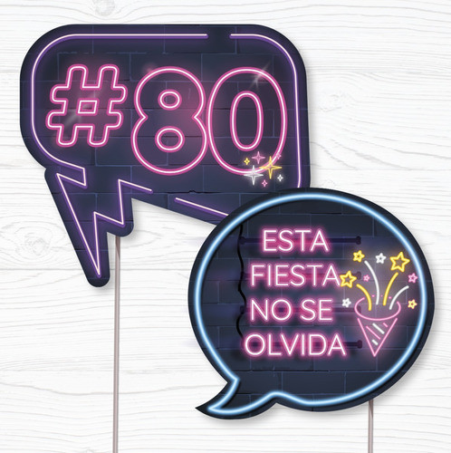 Photo Booth Imprimible Neón- Cumple 80 Años  Props - Pdf 0