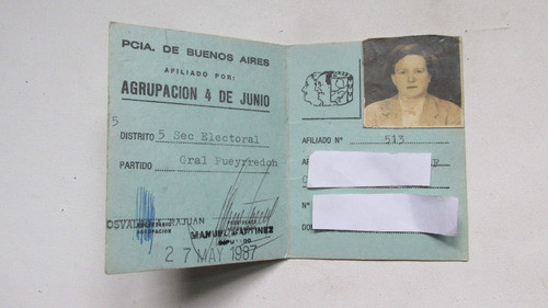 Antiguo Carnet Partido Justicialista, Agrupacion . Peron 1