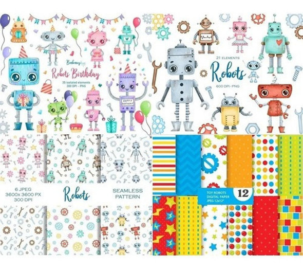 Kit Imprimible  Robots -  Imagenes  Fondos 0
