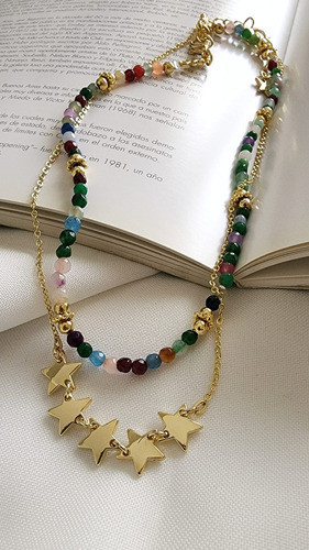 Collar Deluxe De 5 Dijes De Estrellas Bañado Oro 24k Ub 1