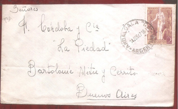 Argentina 1947 Sobre Circulado  Numero 93a 0