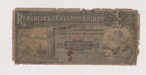 Billete Brasil Un Mil Reis Año 1890 Malo 0