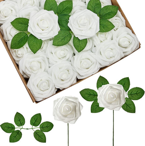50 Rosas Artificiales Aspecto Natural Blancas Con Tallo 25cm 0