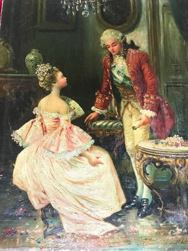 Óleo Sobre Lienzo Miguel Montaner Escena De Corte Galante 1